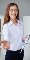 Young businesswoman with document looking at camera and welcoming you